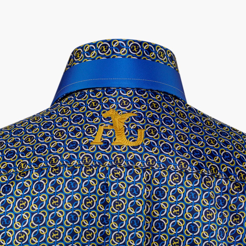Blue & Yellow Custom print Silk Mason Shirt - Angelo Galasso - Luxury Italian Menswear London