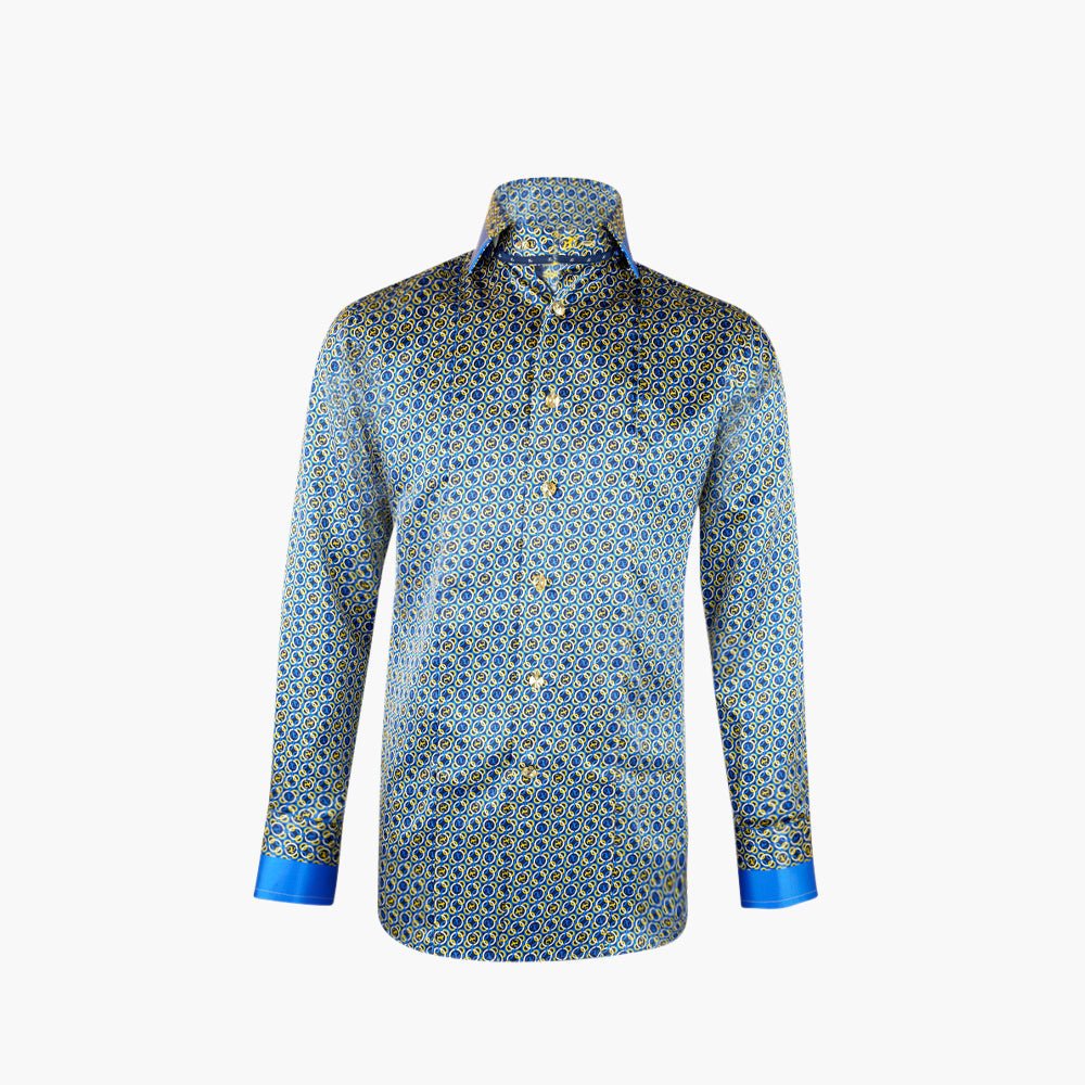 Blue & Yellow Custom print Silk Mason Shirt - Angelo Galasso - Luxury Italian Menswear London
