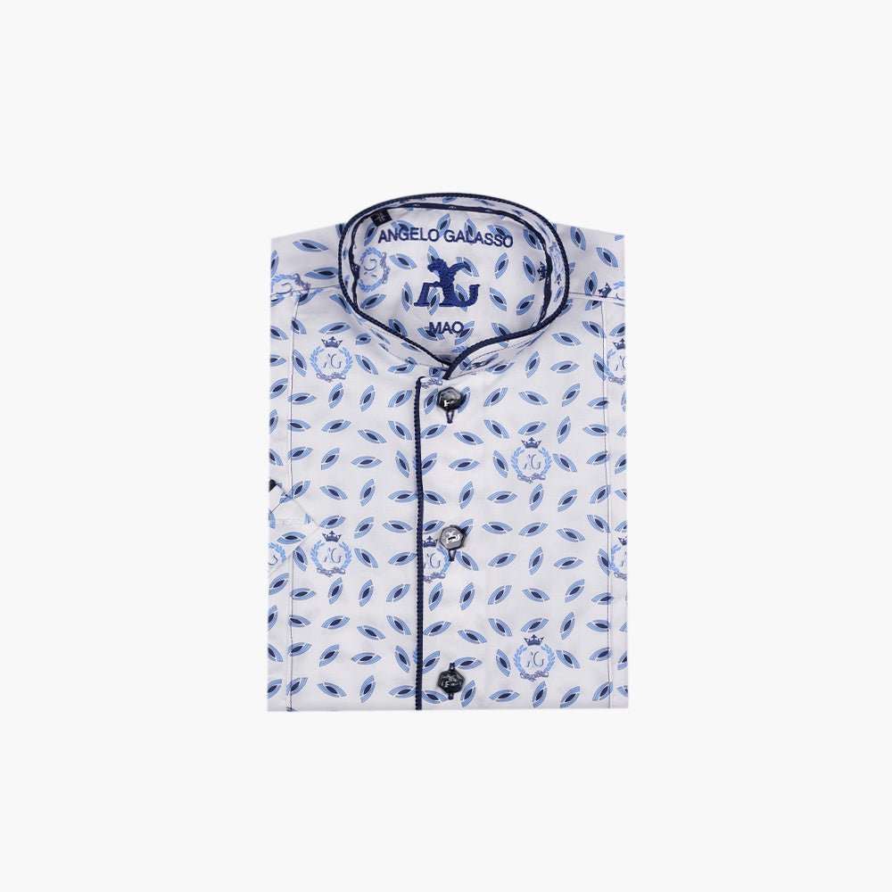 White & Blue Alloro Mao Short Sleeves Shirt - Angelo Galasso - Luxury Italian Menswear London