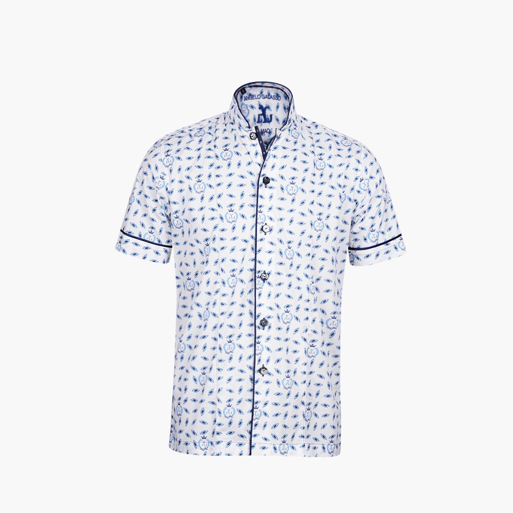 White & Blue Alloro Mao Short Sleeves Shirt - Angelo Galasso - Luxury Italian Menswear London
