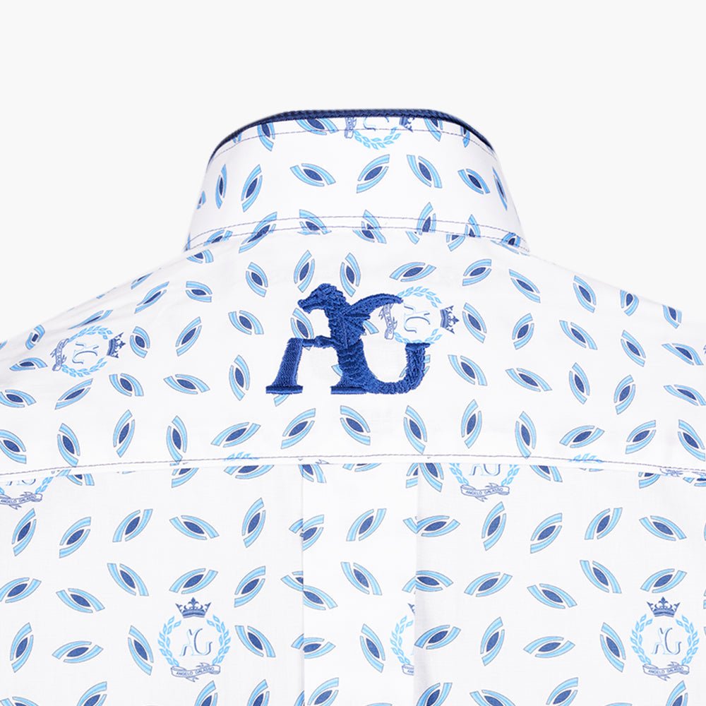 White & Blue Alloro Mao Short Sleeves Shirt - Angelo Galasso - Luxury Italian Menswear London