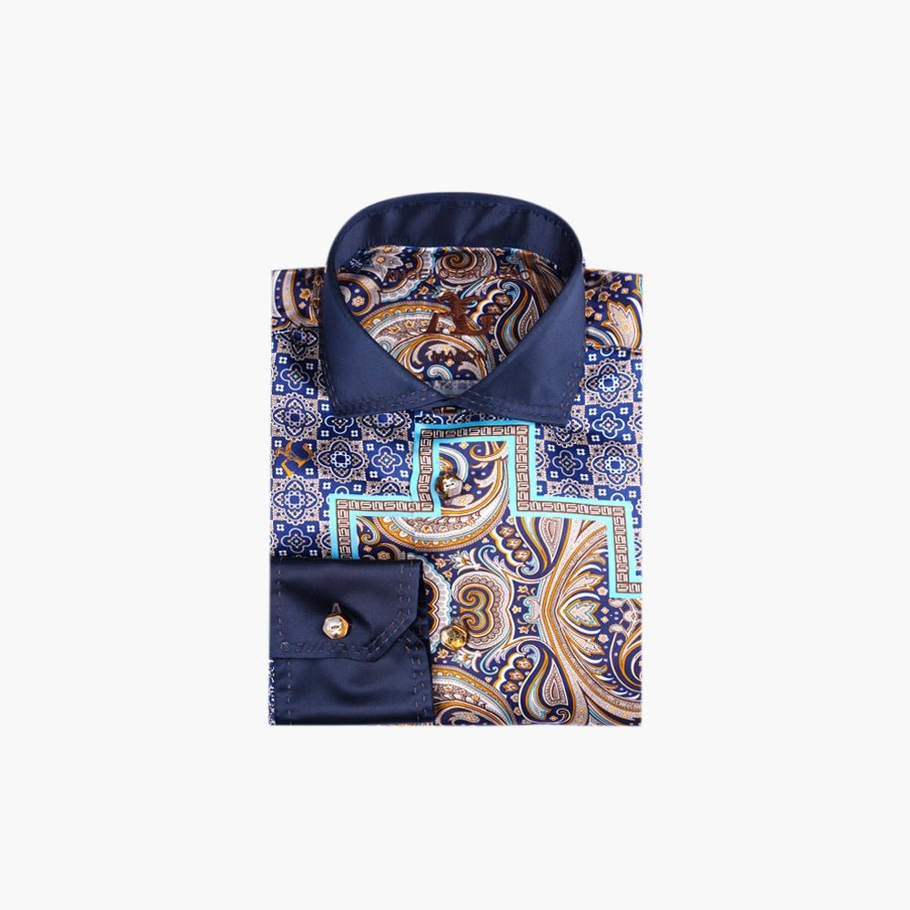 Beige & Blue AG Patchwork Mason Shirt - Angelo Galasso - Luxury Italian Menswear London