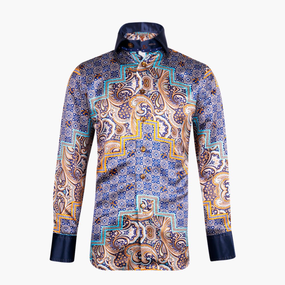 Beige & Blue AG Patchwork Mason Shirt - Angelo Galasso - Luxury Italian Menswear London
