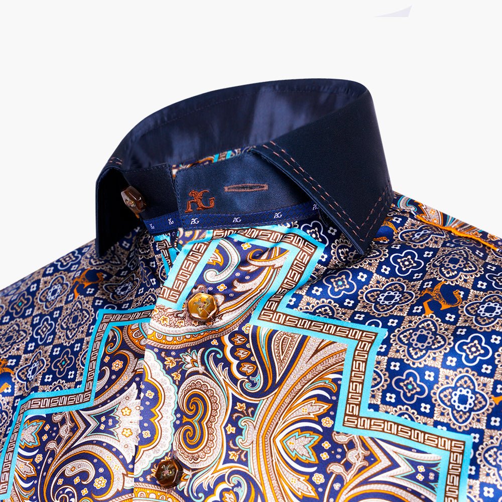 Beige & Blue AG Patchwork Mason Shirt - Angelo Galasso - Luxury Italian Menswear London