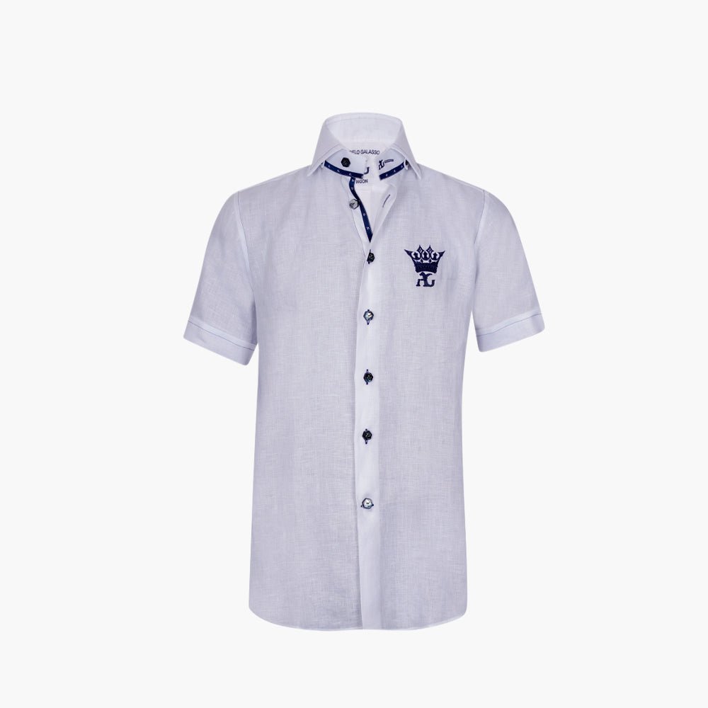 White & Blue Linen Short Sleeves Mason Shirt - Angelo Galasso - Luxury Italian Menswear London