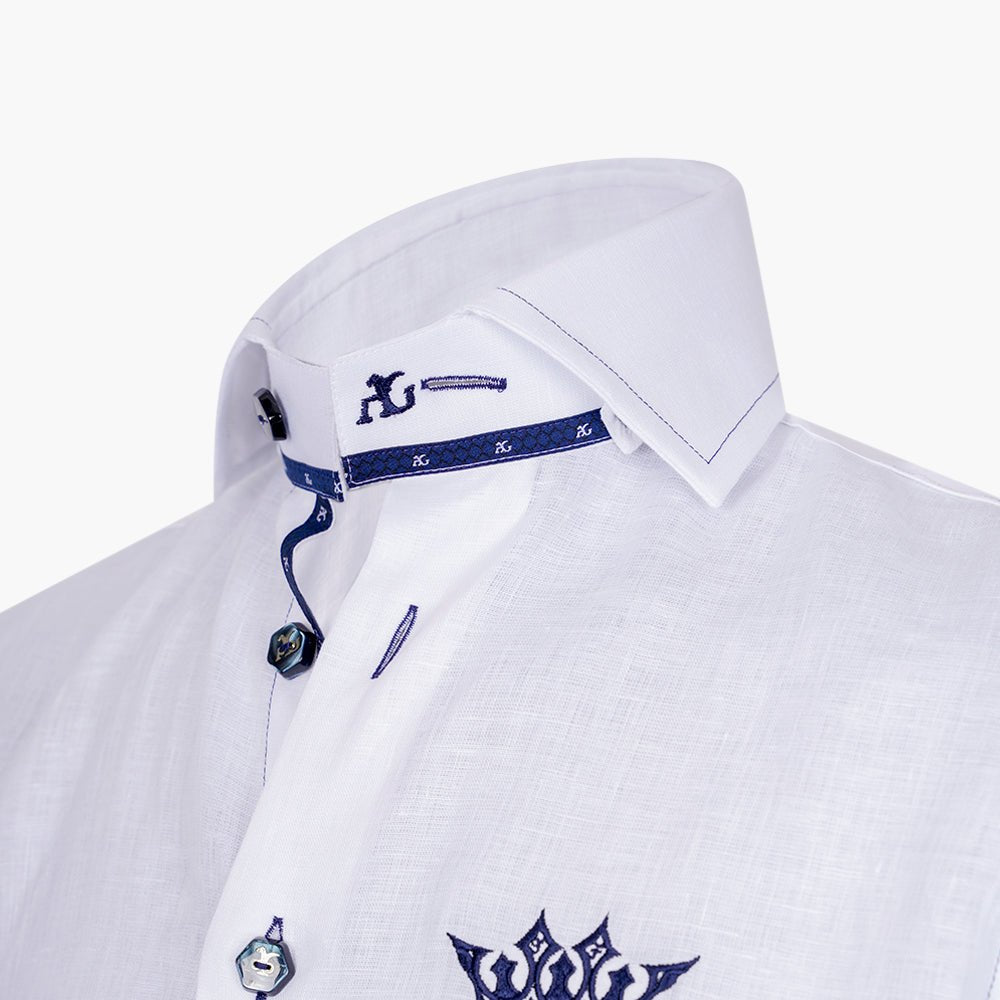 White & Blue Linen Short Sleeves Mason Shirt - Angelo Galasso - Luxury Italian Menswear London