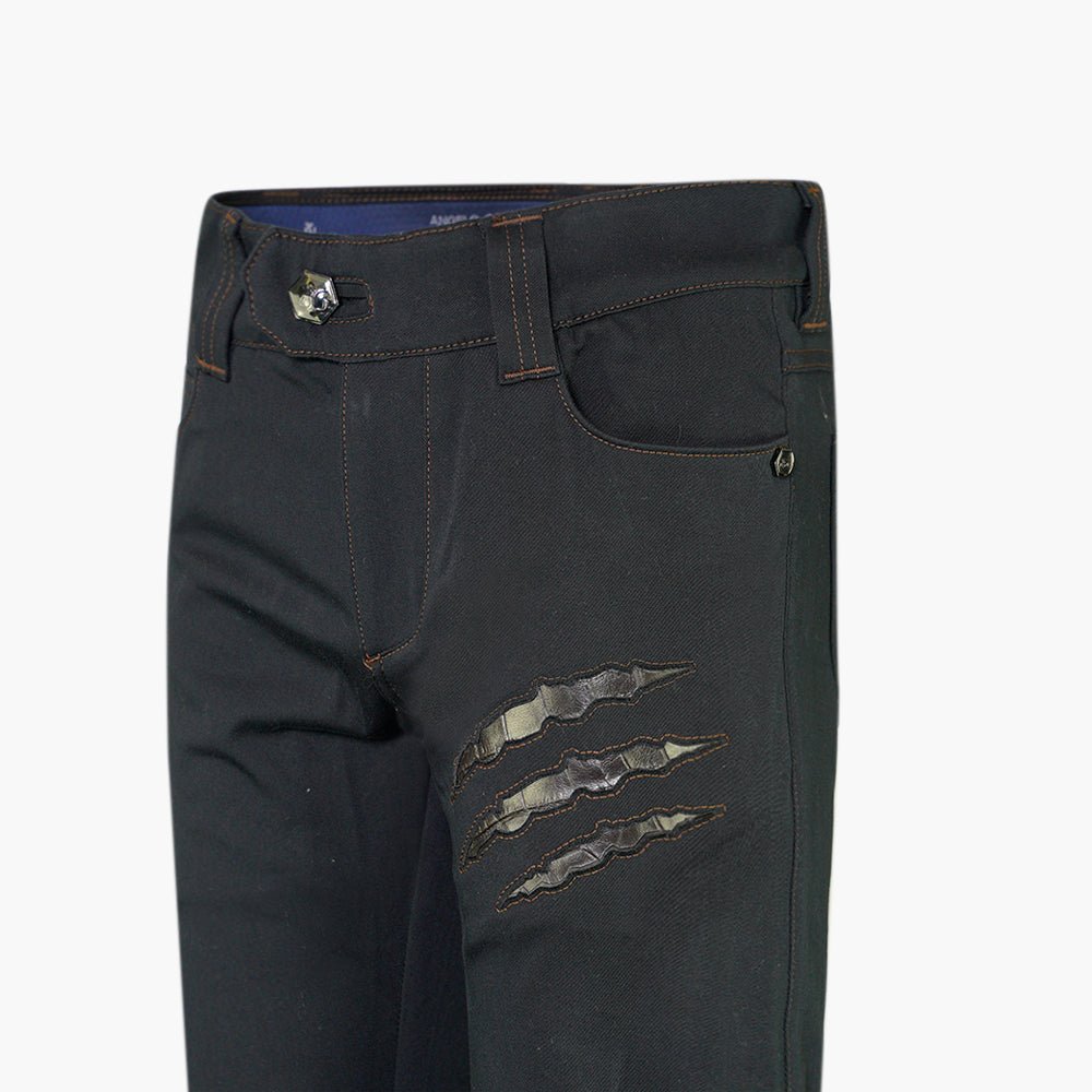Jet Black Ripped Jeans with Eco-Leather Inserts - Angelo Galasso - Luxury Italian Menswear London