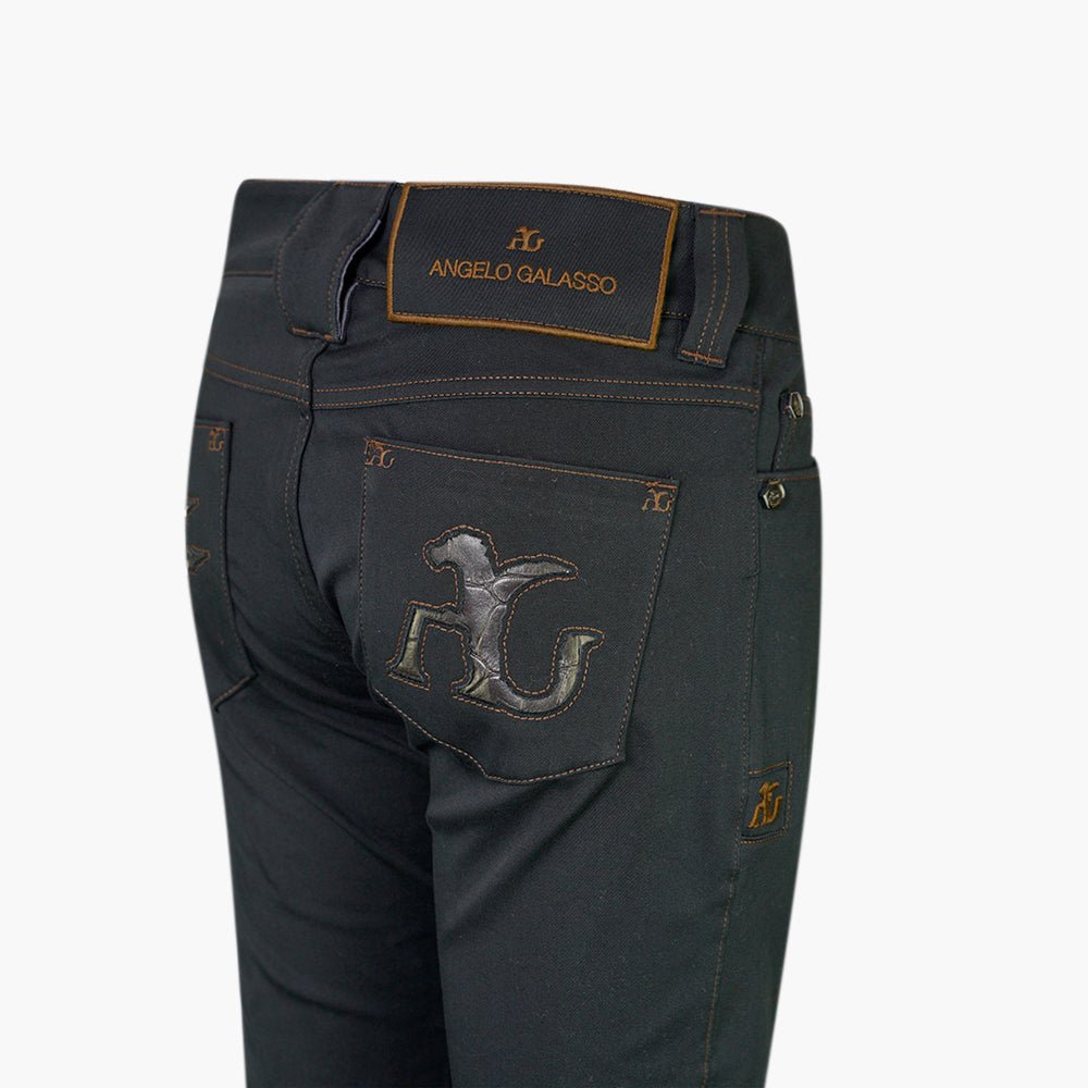 Jet Black Ripped Jeans with Eco-Leather Inserts - Angelo Galasso - Luxury Italian Menswear London