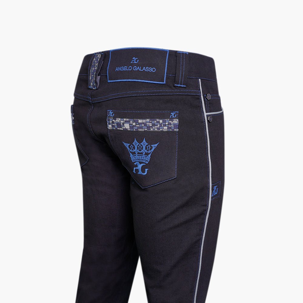 Black & Blue Crown Jeans with Piping and Inserts - Angelo Galasso - Luxury Italian Menswear London