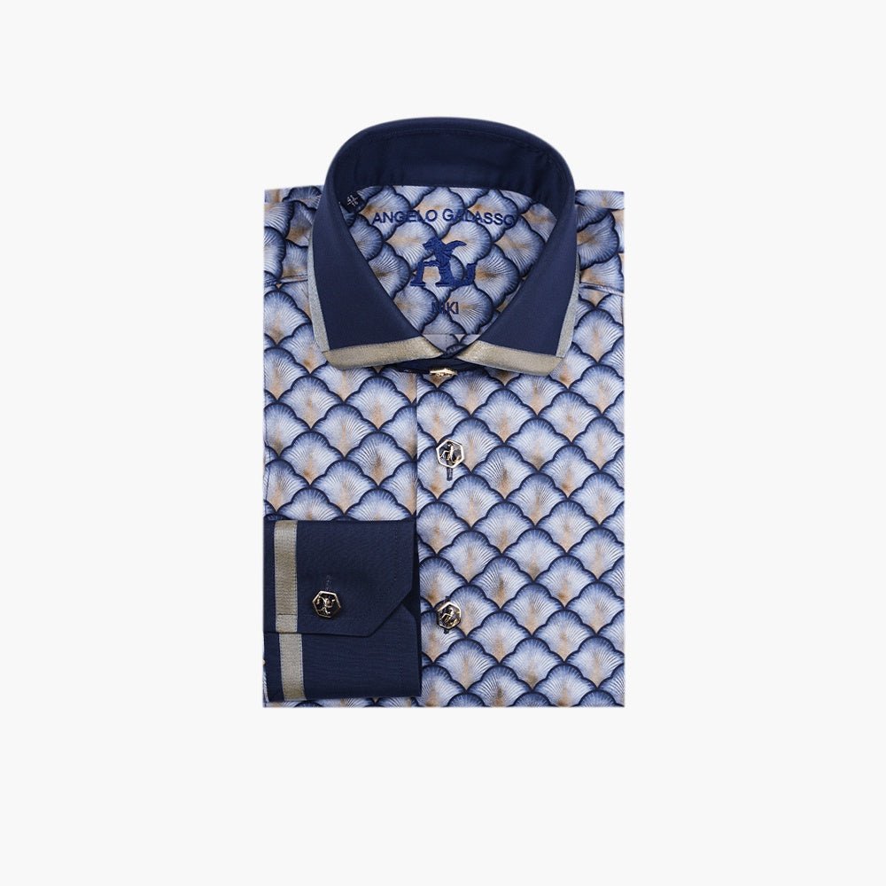 Blue & Gold Fan Print Niki Shirt - Angelo Galasso - Luxury Italian Menswear London