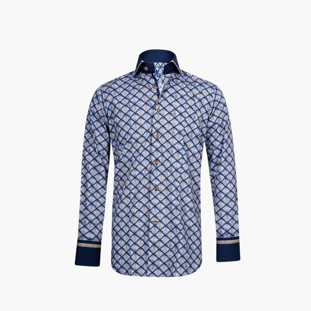 Blue & Gold Fan Print Niki Shirt - Angelo Galasso - Luxury Italian Menswear London