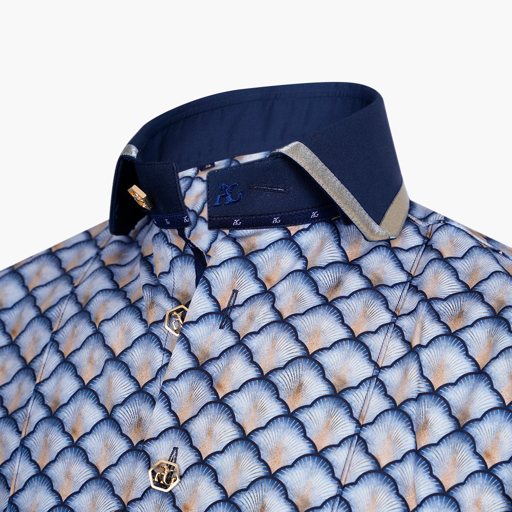 Blue & Gold Fan Print Niki Shirt - Angelo Galasso - Luxury Italian Menswear London