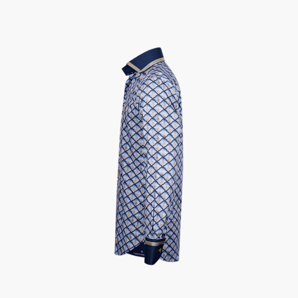 Blue & Gold Fan Print Niki Shirt - Angelo Galasso - Luxury Italian Menswear London