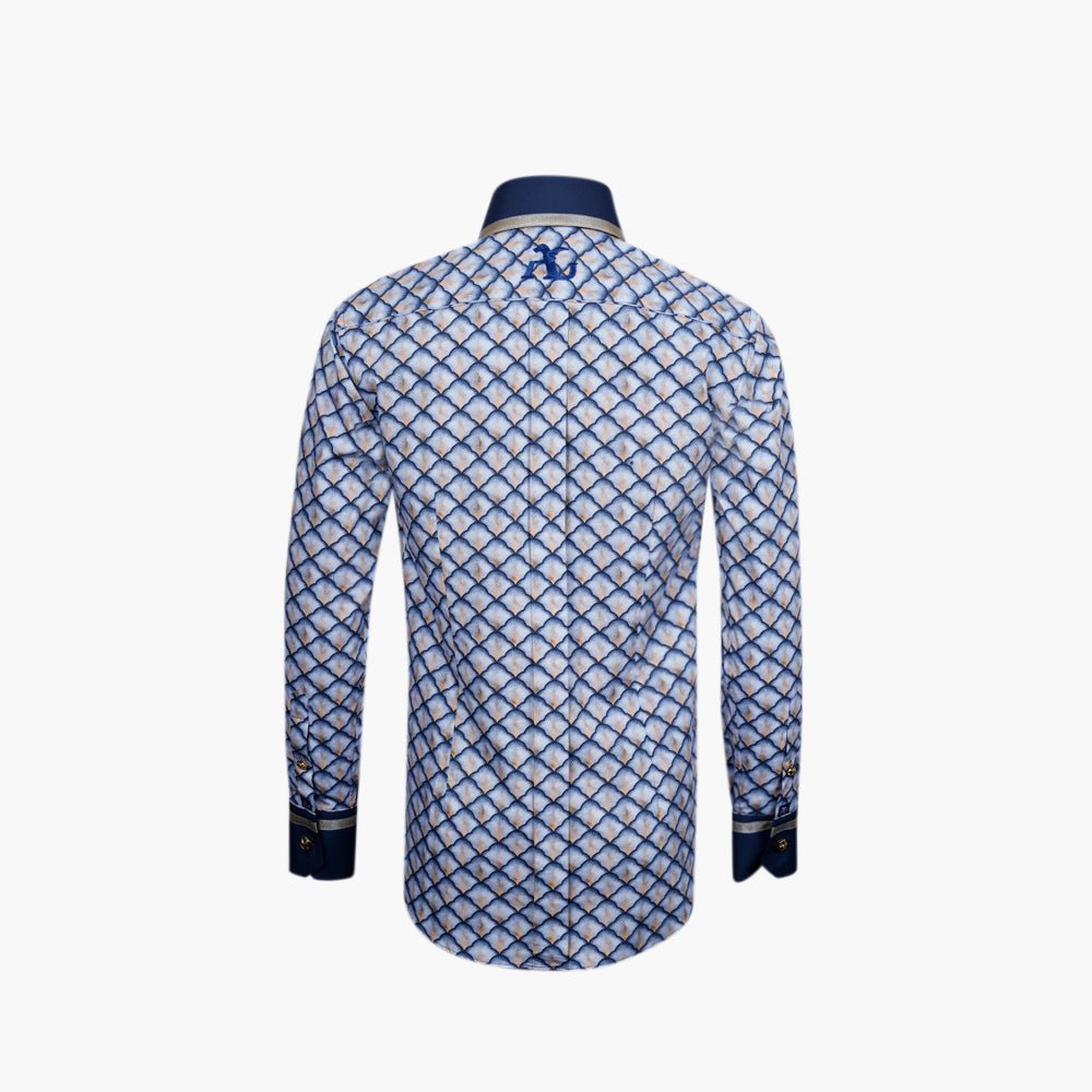 Blue & Gold Fan Print Niki Shirt - Angelo Galasso - Luxury Italian Menswear London