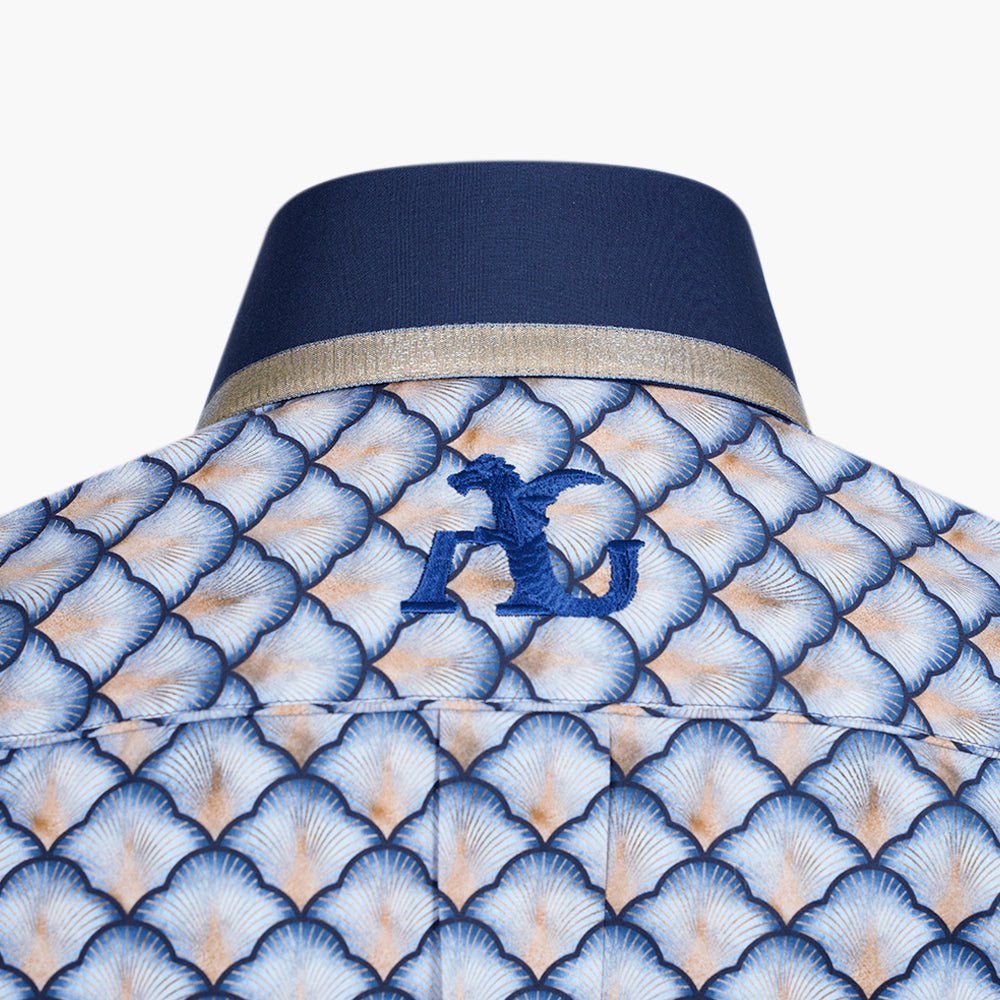 Blue & Gold Fan Print Niki Shirt - Angelo Galasso - Luxury Italian Menswear London