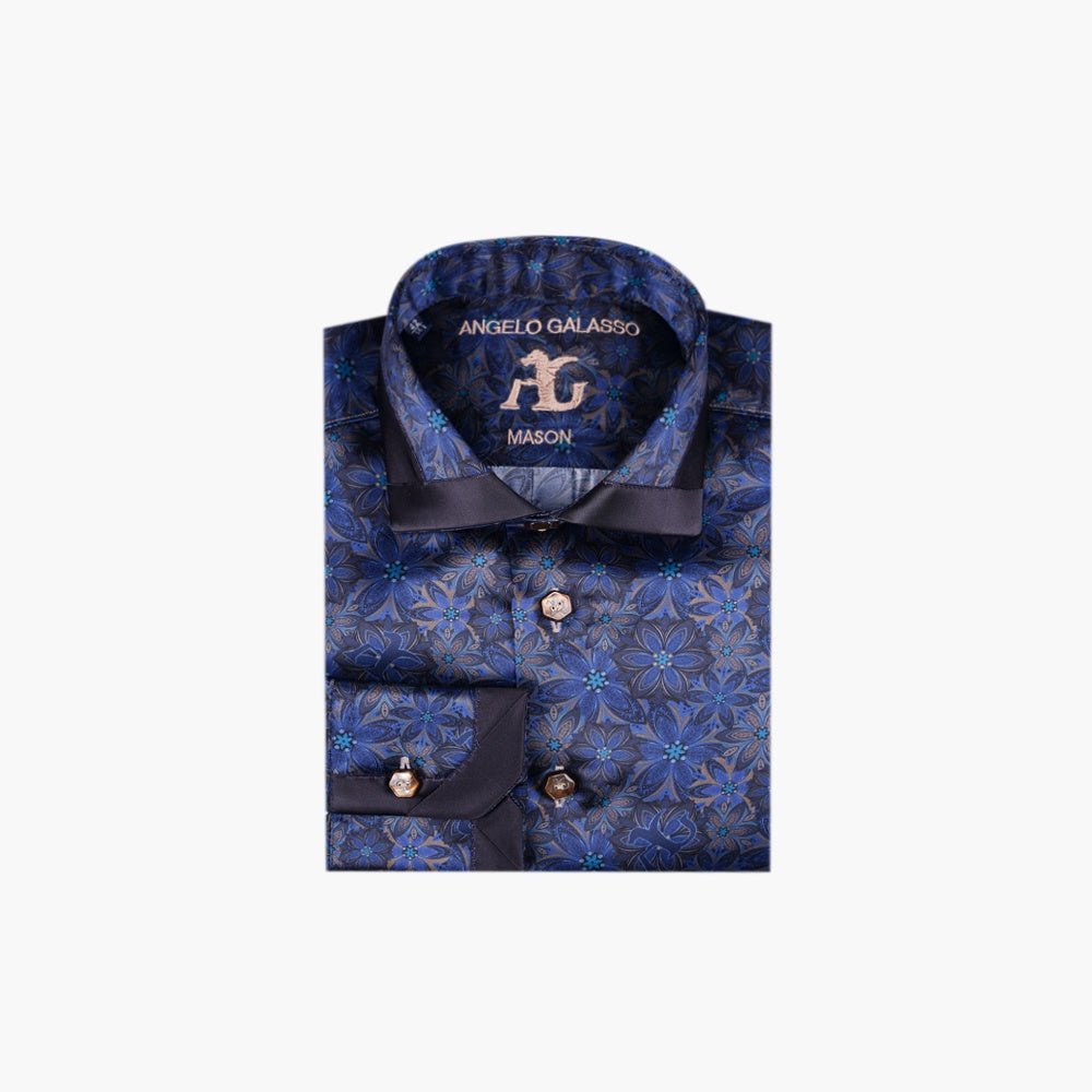 Blue & Brown Floral Mason Silk Shirt - Angelo Galasso - Luxury Italian Menswear London