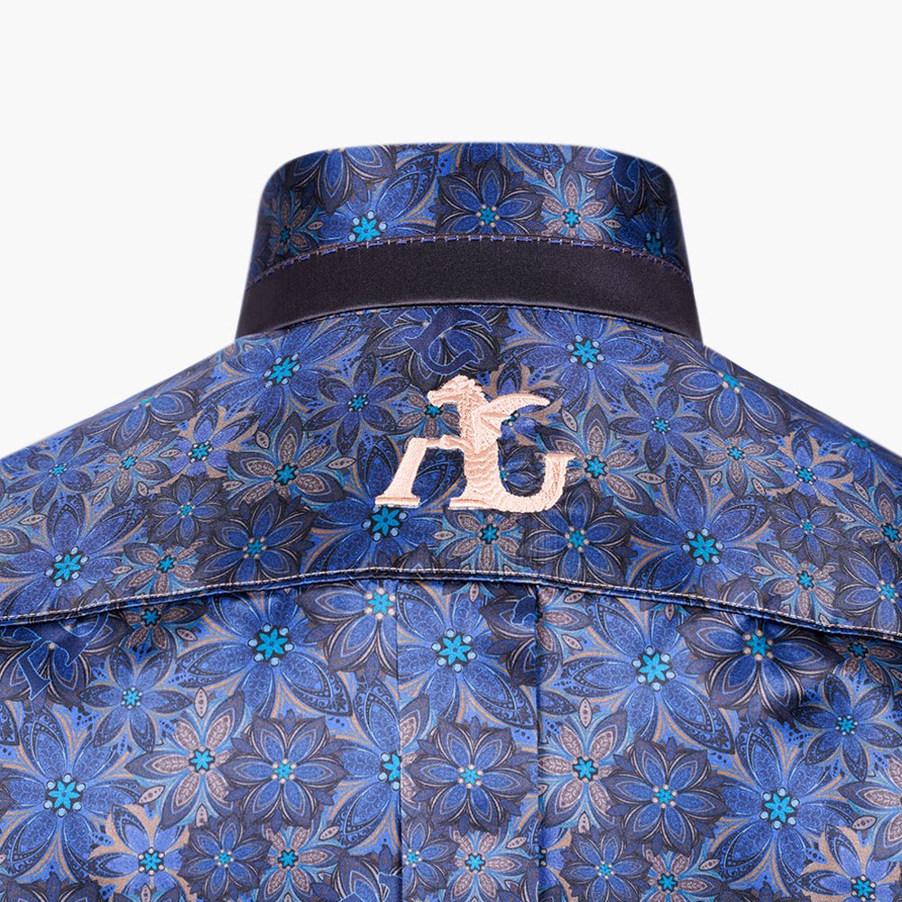 Blue & Brown Floral Mason Silk Shirt - Angelo Galasso - Luxury Italian Menswear London