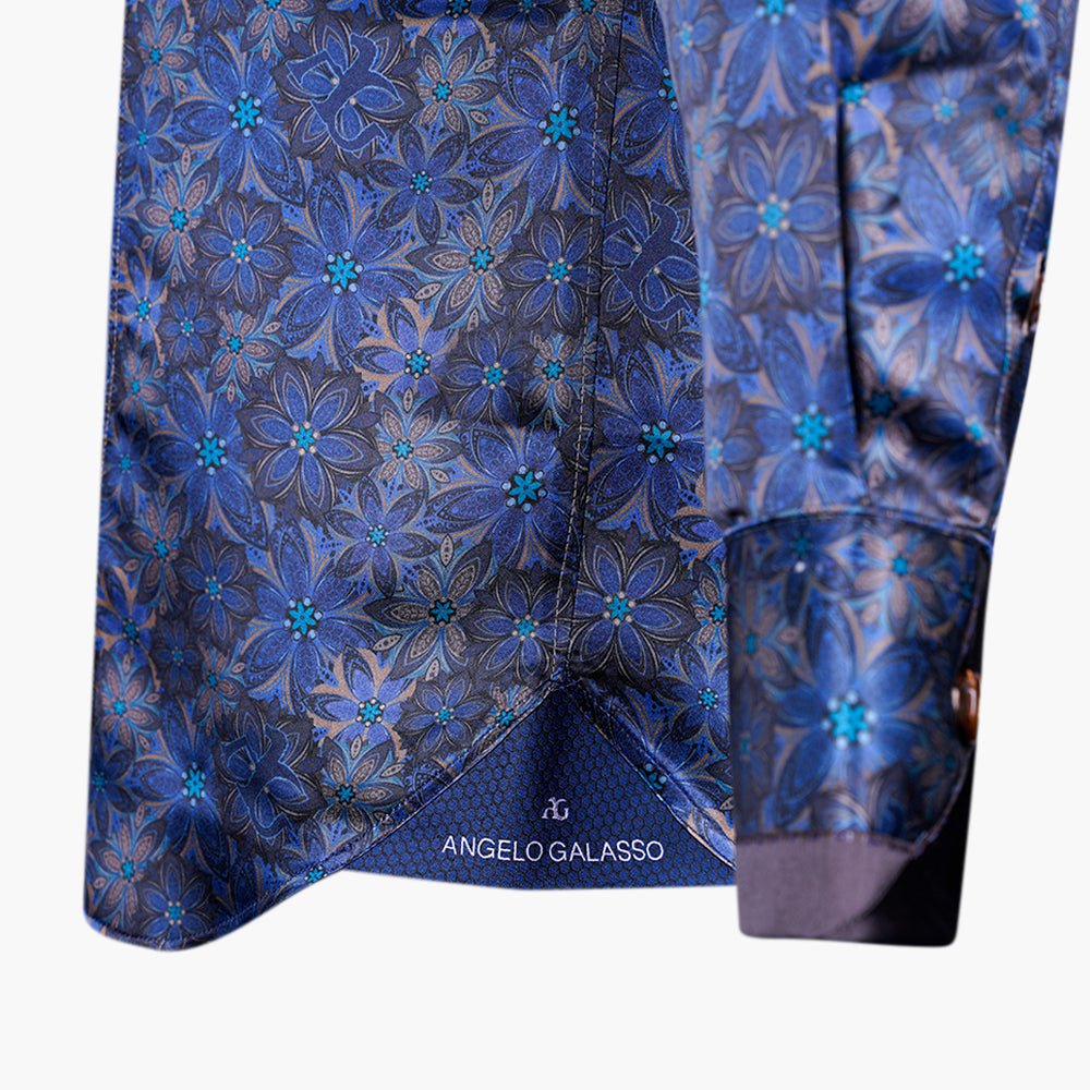 Blue & Brown Floral Mason Silk Shirt - Angelo Galasso - Luxury Italian Menswear London