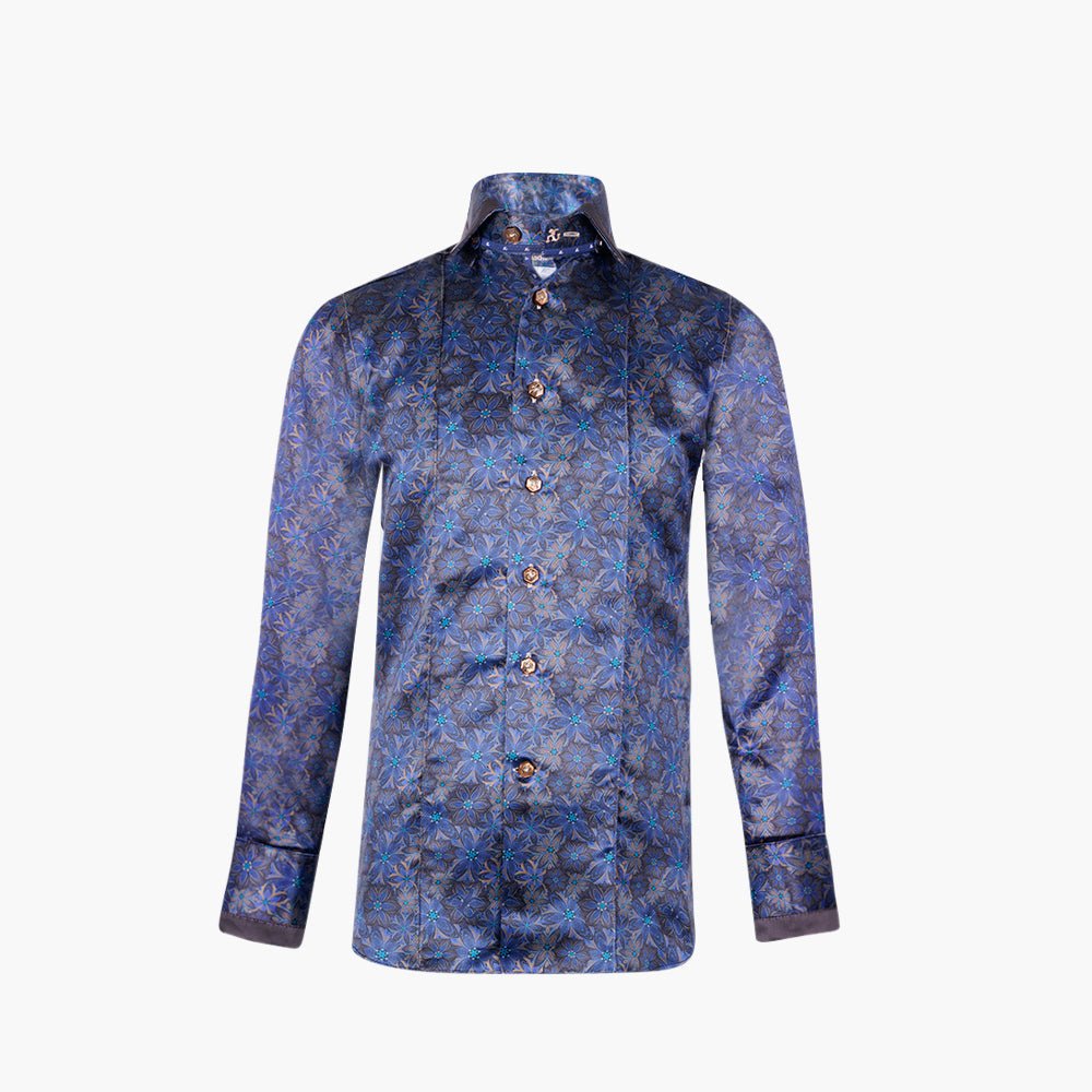 Blue & Brown Floral Mason Silk Shirt - Angelo Galasso - Luxury Italian Menswear London