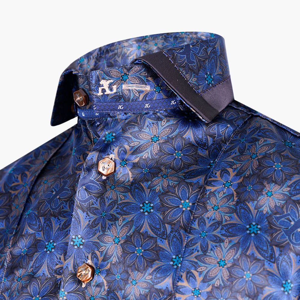 Blue & Brown Floral Mason Silk Shirt - Angelo Galasso - Luxury Italian Menswear London