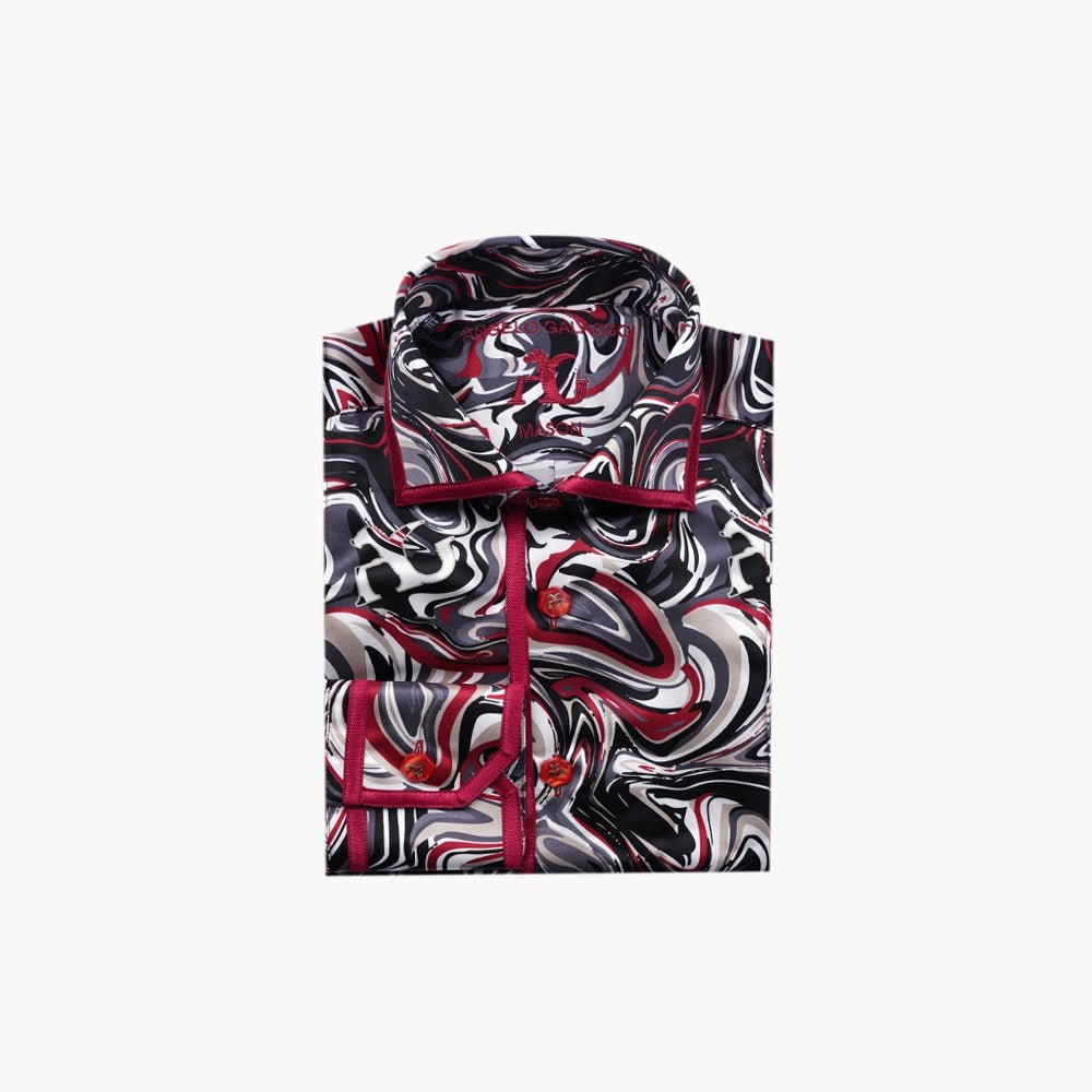 Red & Grey Abstract Marble Mason Silk Shirt - Angelo Galasso - Luxury Italian Menswear London