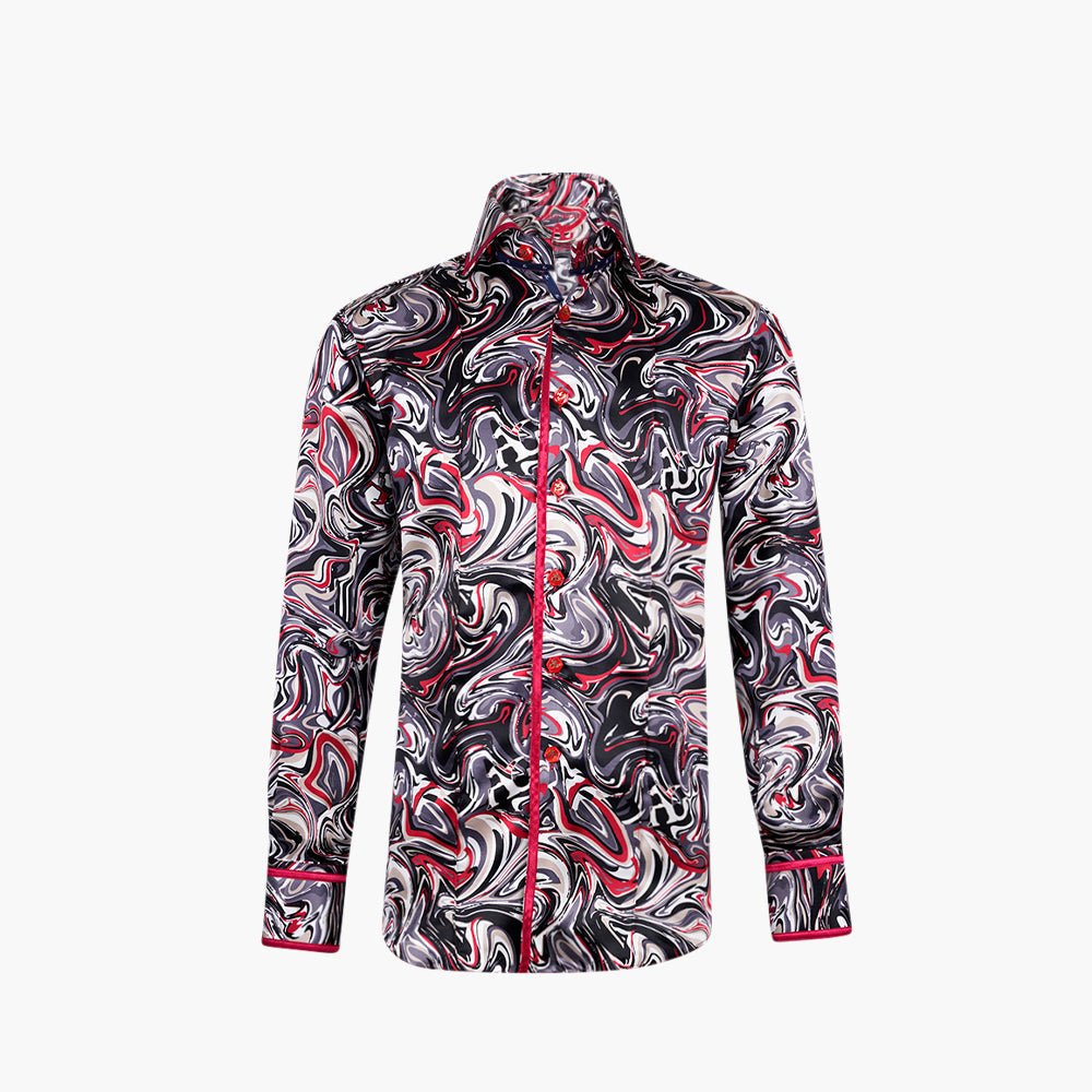 Red & Grey Abstract Marble Mason Silk Shirt - Angelo Galasso - Luxury Italian Menswear London