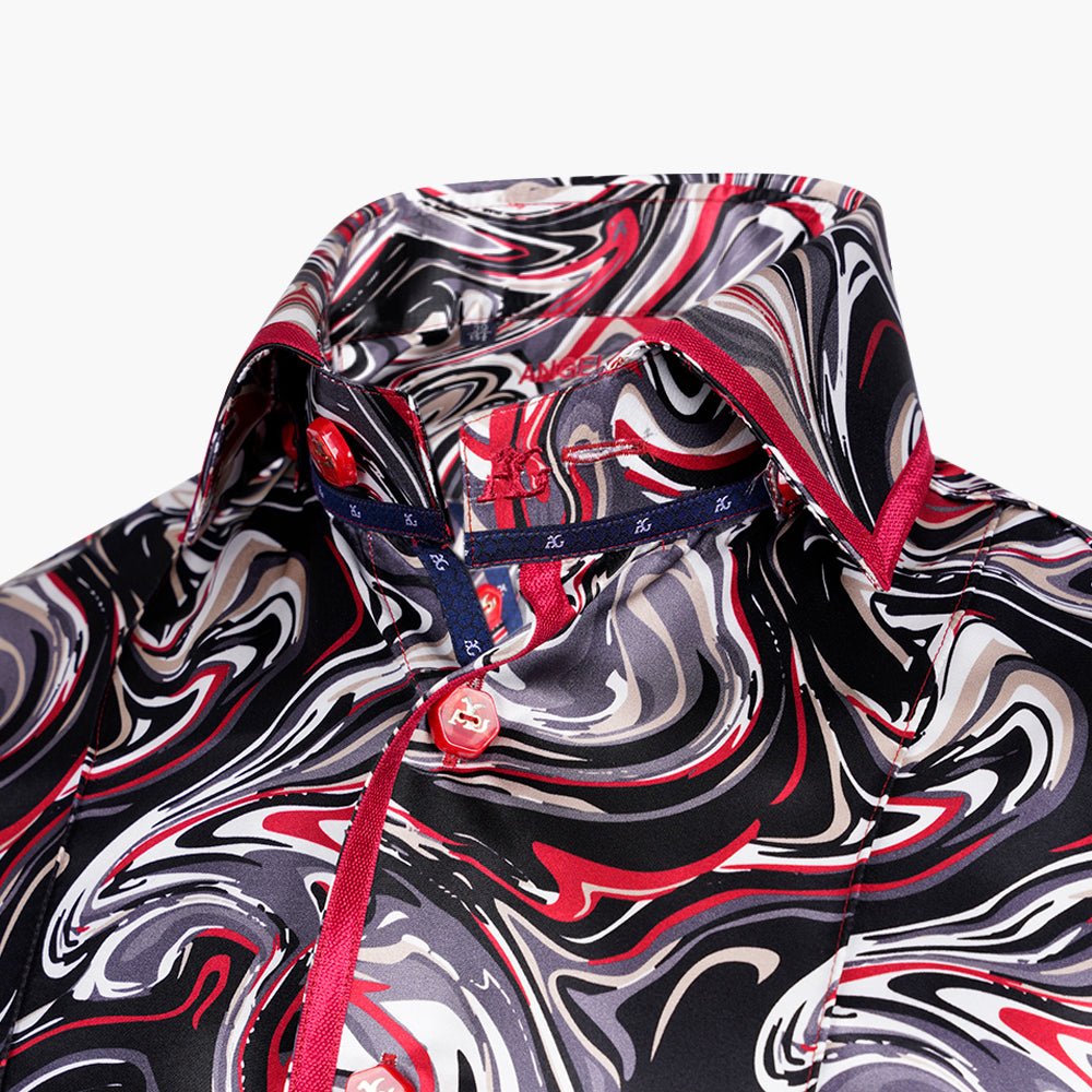 Red & Grey Abstract Marble Mason Silk Shirt - Angelo Galasso - Luxury Italian Menswear London
