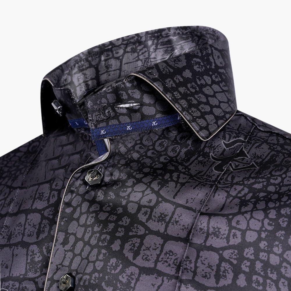 Grey & Black Croco Print Mason Silk Shirt - Angelo Galasso - Luxury Italian Menswear London