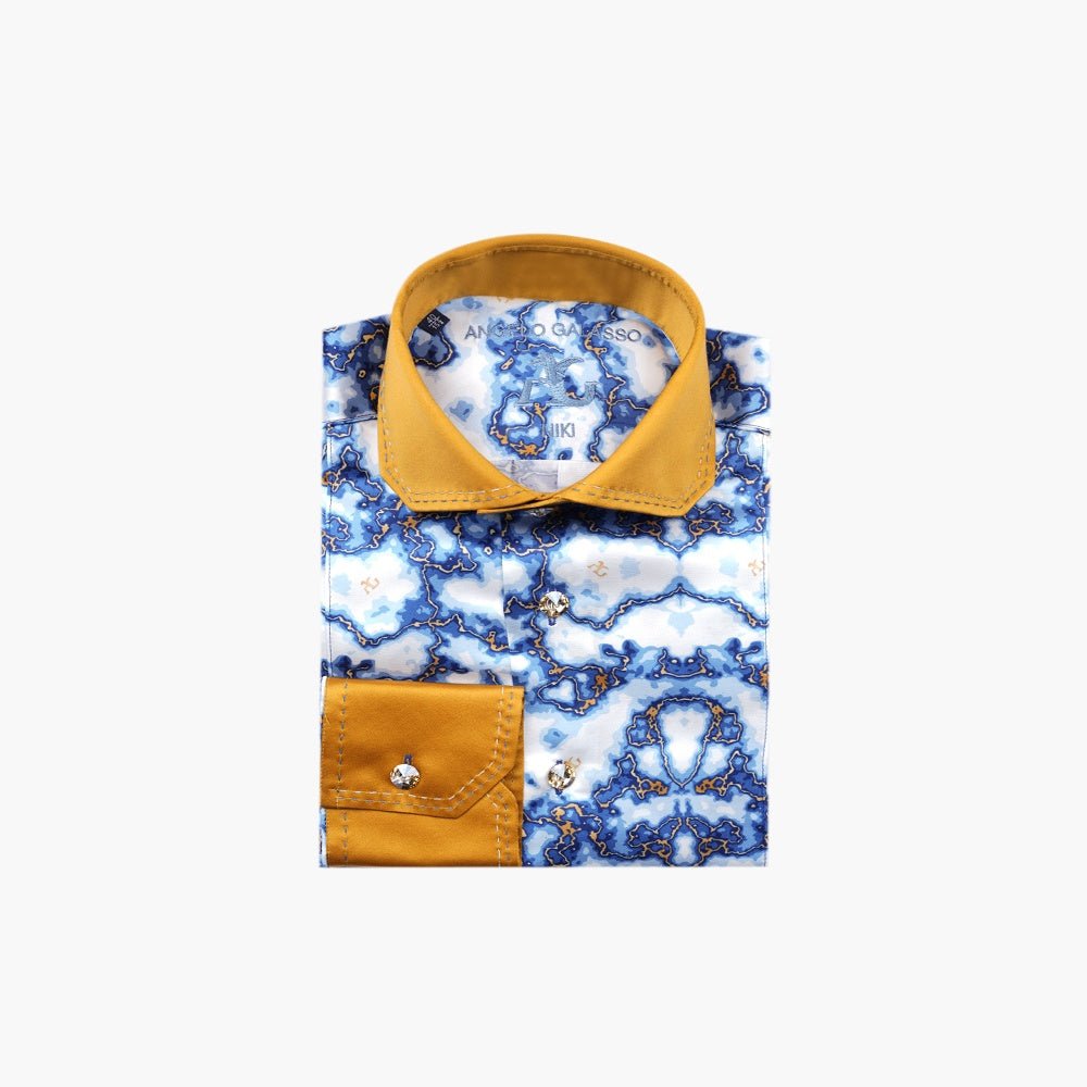 Gold & Blue Marble Niki Silk Shirt - Angelo Galasso - Luxury Italian Menswear London