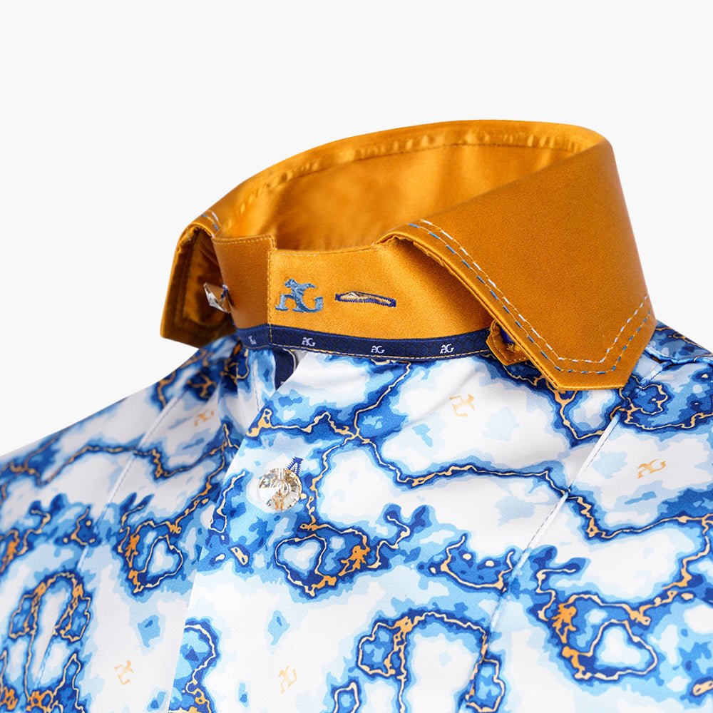 Gold & Blue Marble Niki Silk Shirt - Angelo Galasso - Luxury Italian Menswear London