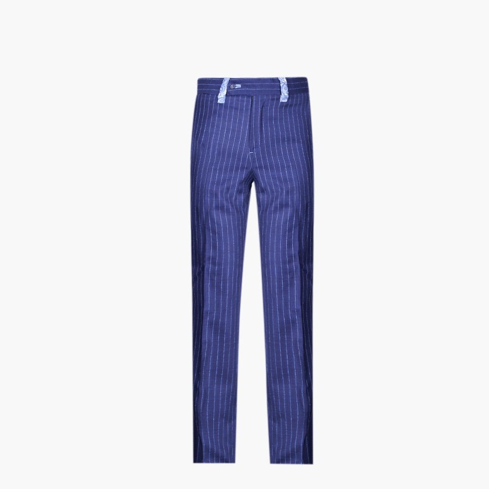 Blue Paisley Insert Pinstripe Trousers - Angelo Galasso - Luxury Italian Menswear London