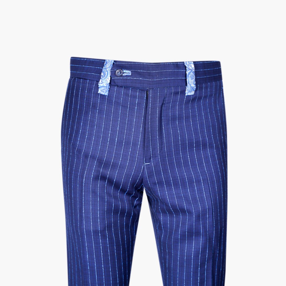 Blue Paisley Insert Pinstripe Trousers - Angelo Galasso - Luxury Italian Menswear London