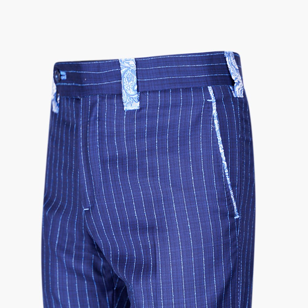 Blue Paisley Insert Pinstripe Trousers - Angelo Galasso - Luxury Italian Menswear London