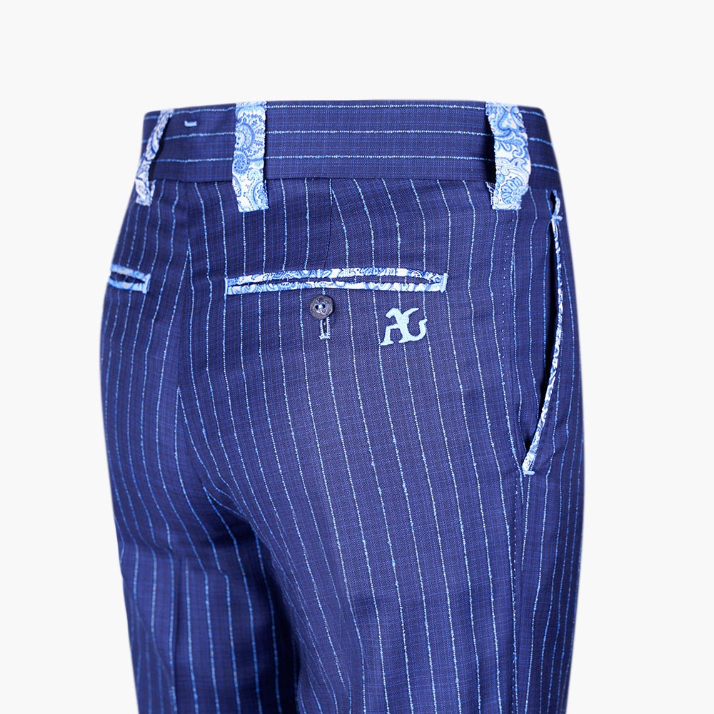 Blue Paisley Insert Pinstripe Trousers - Angelo Galasso - Luxury Italian Menswear London