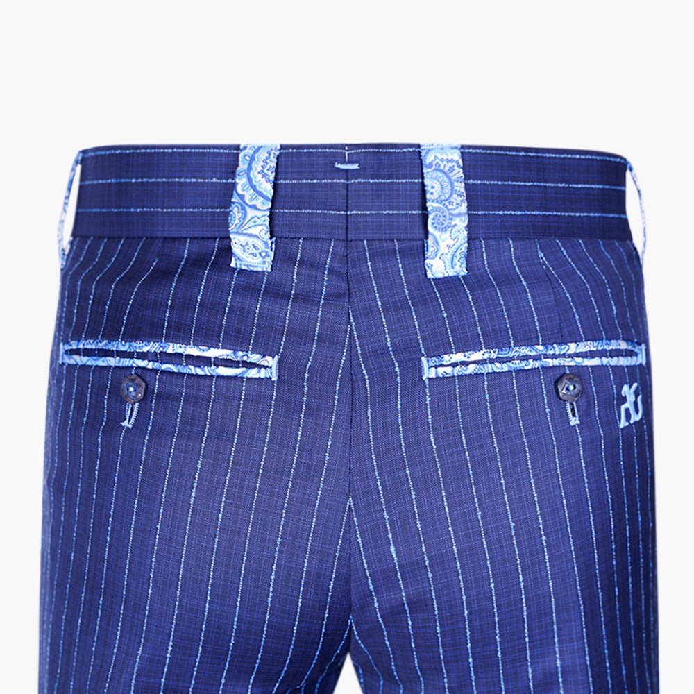 Blue Paisley Insert Pinstripe Trousers - Angelo Galasso - Luxury Italian Menswear London