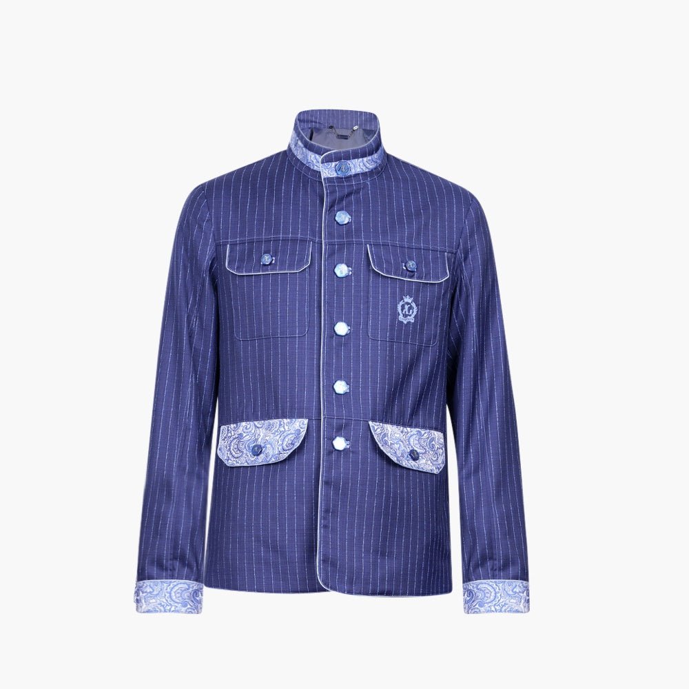 Navy Pinstripe Sahariana with Paisley Detailing - Angelo Galasso - Luxury Italian Menswear London
