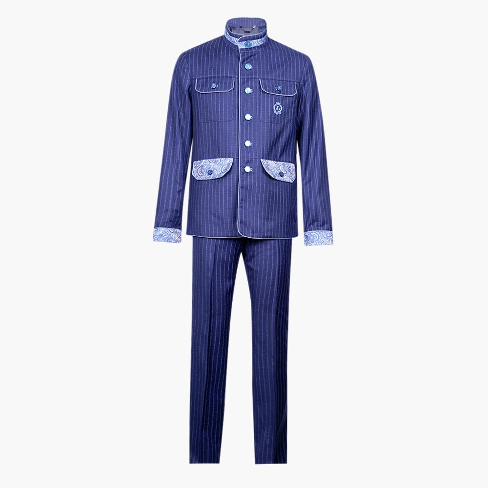 Navy Pinstripe Sahariana with Paisley Detailing - Angelo Galasso - Luxury Italian Menswear London