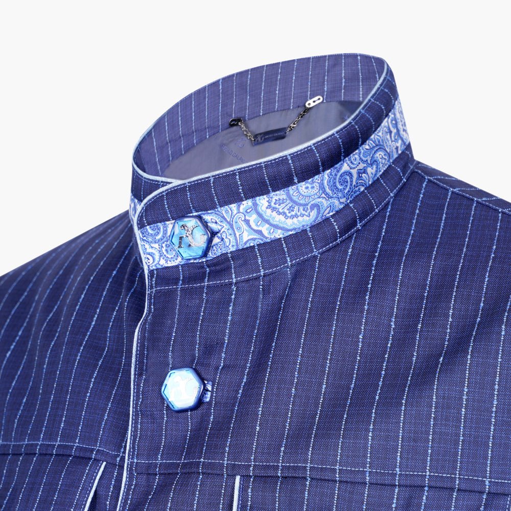 Navy Pinstripe Sahariana with Paisley Detailing - Angelo Galasso - Luxury Italian Menswear London