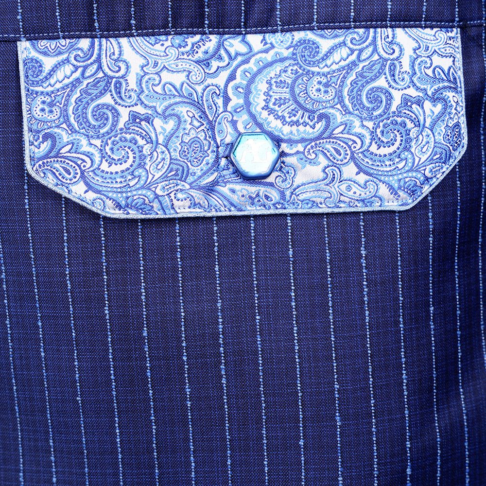 Navy Pinstripe Sahariana with Paisley Detailing - Angelo Galasso - Luxury Italian Menswear London