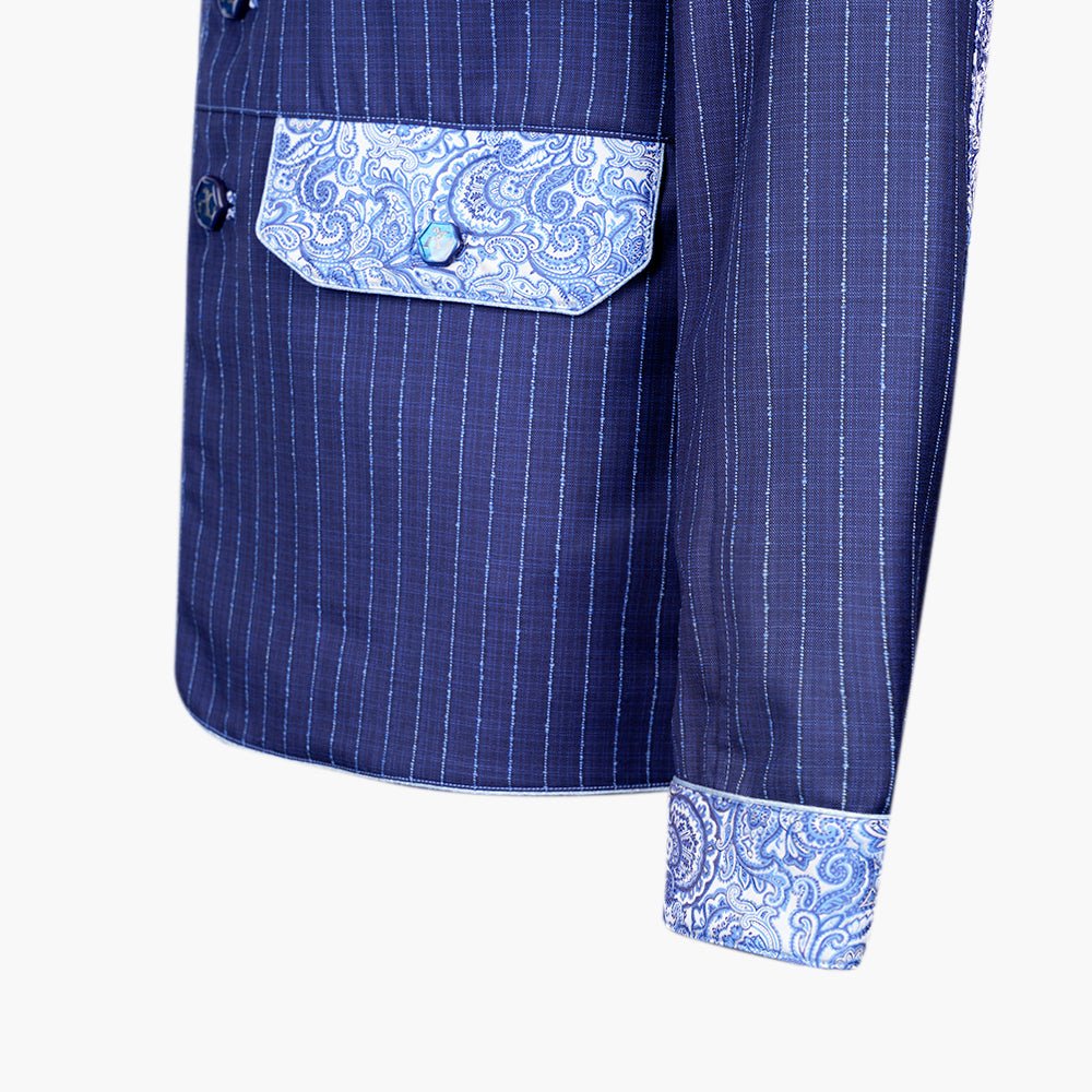 Navy Pinstripe Sahariana with Paisley Detailing - Angelo Galasso - Luxury Italian Menswear London