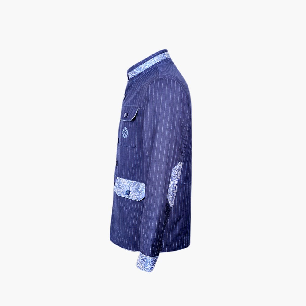 Navy Pinstripe Sahariana with Paisley Detailing - Angelo Galasso - Luxury Italian Menswear London