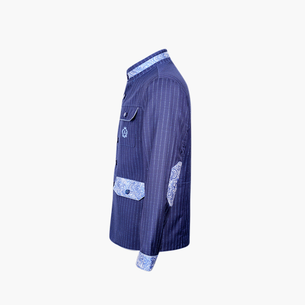 Navy Pinstripe Sahariana with Paisley Detailing