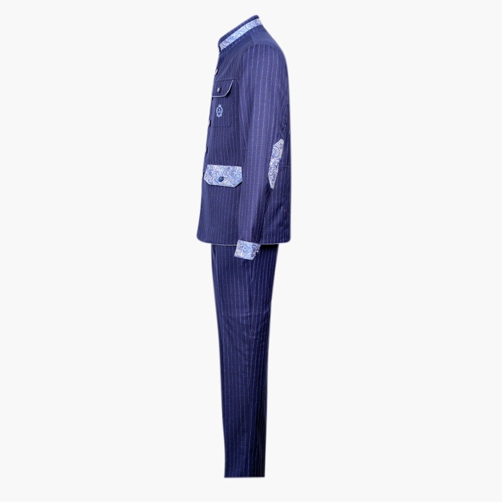 Navy Pinstripe Sahariana with Paisley Detailing - Angelo Galasso - Luxury Italian Menswear London