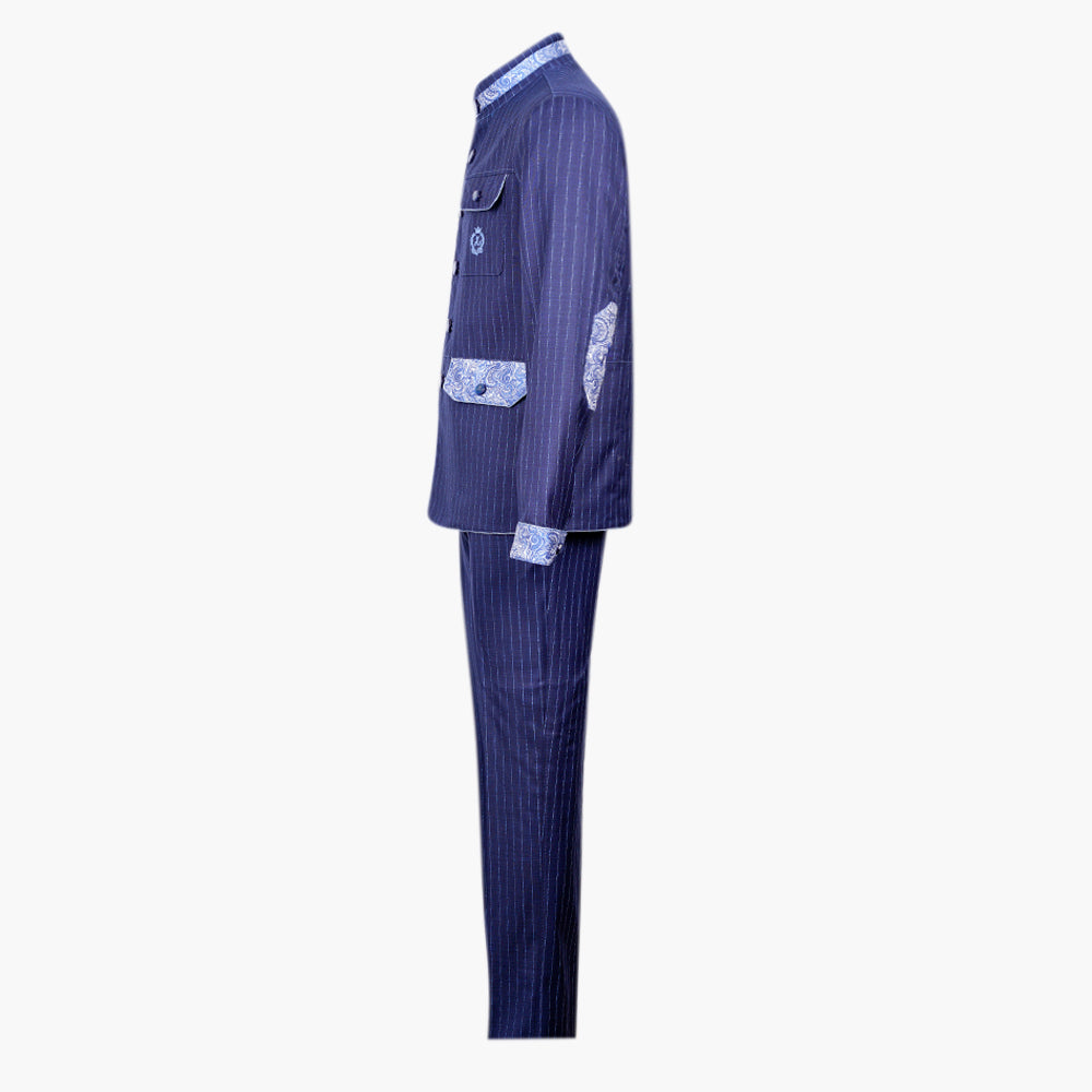 Navy Pinstripe Sahariana with Paisley Detailing