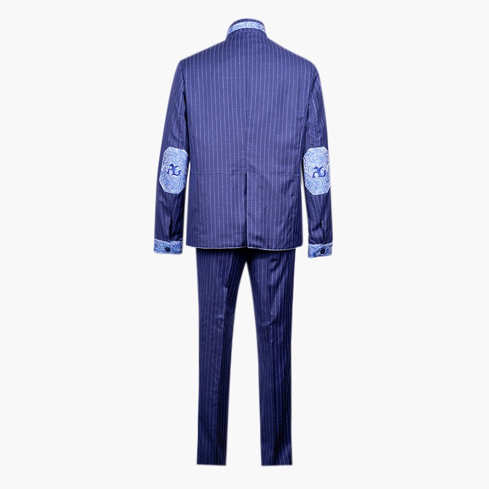 Navy Pinstripe Sahariana with Paisley Detailing - Angelo Galasso - Luxury Italian Menswear London