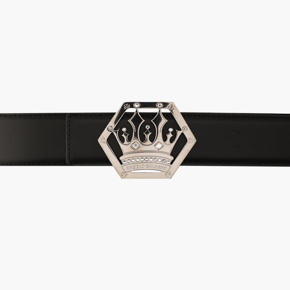 Silver Calfskin Belt with Crown Logo Buckle