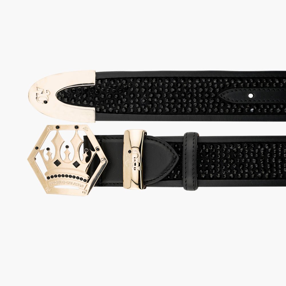 Black Leather With Gold Rhinestone Crown Buckle Belt Versace Black Leather Crown Buckle Belt 95 cm main image 4