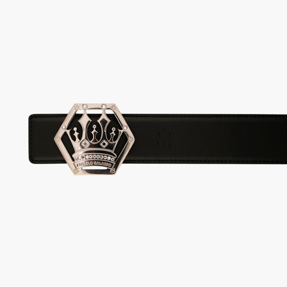 Silver Calfskin Belt with Crown Logo Buckle