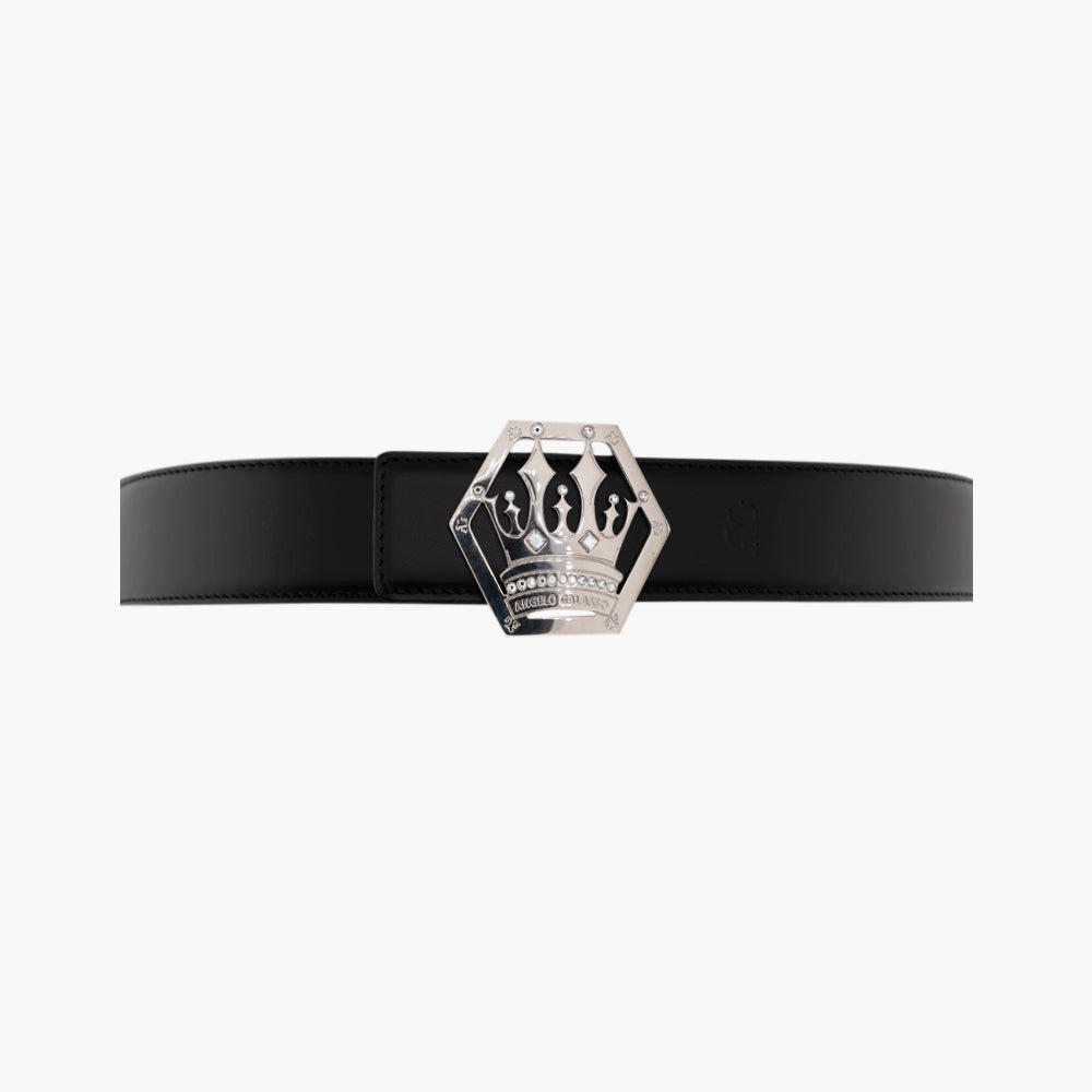 Silver Calfskin Belt with Crown Logo Buckle