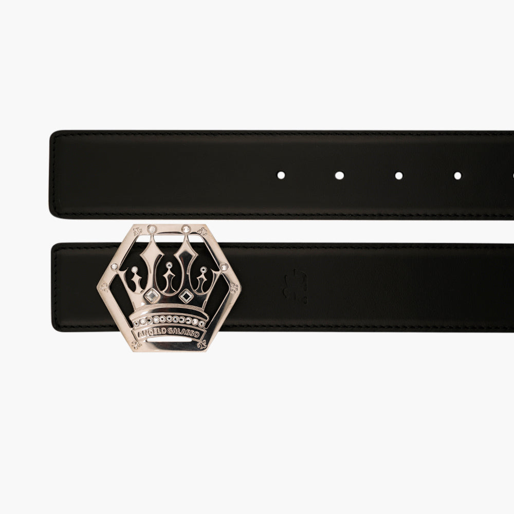 Silver Calfskin Belt with Crown Logo Buckle